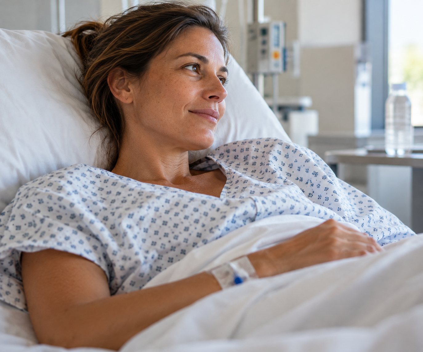 Paciente sonriente en la cama tras una intervención, con una vía intravenosa en la muñeca