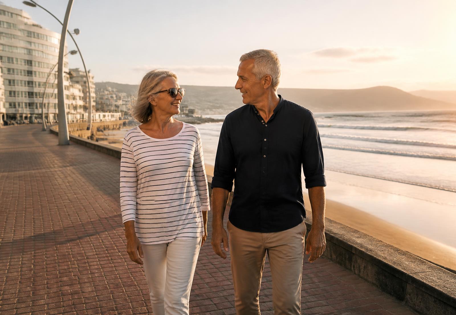 Pareja adulta paseando por el paseo marítimo de Las Canteras al atardecer