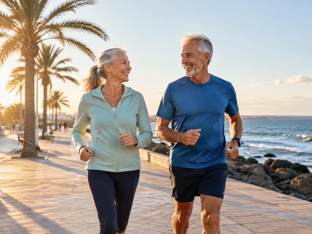 Pareja de personas mayores activas caminando por un paseo marítimo al amanecer