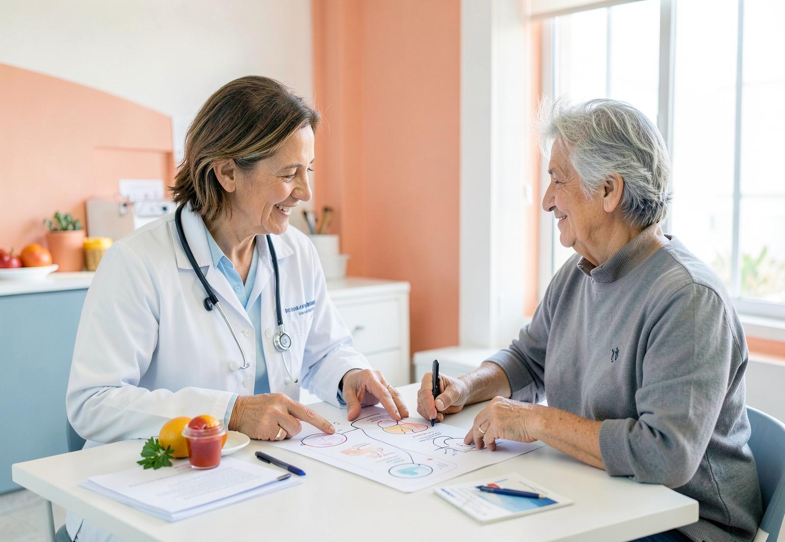 Especialista explicando un plan nutricional a una paciente en la consulta
